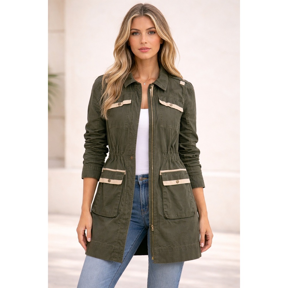 Cabi Utility Jacket Coat Women's Small Army Green Long Cargo Trench Gorp Granola